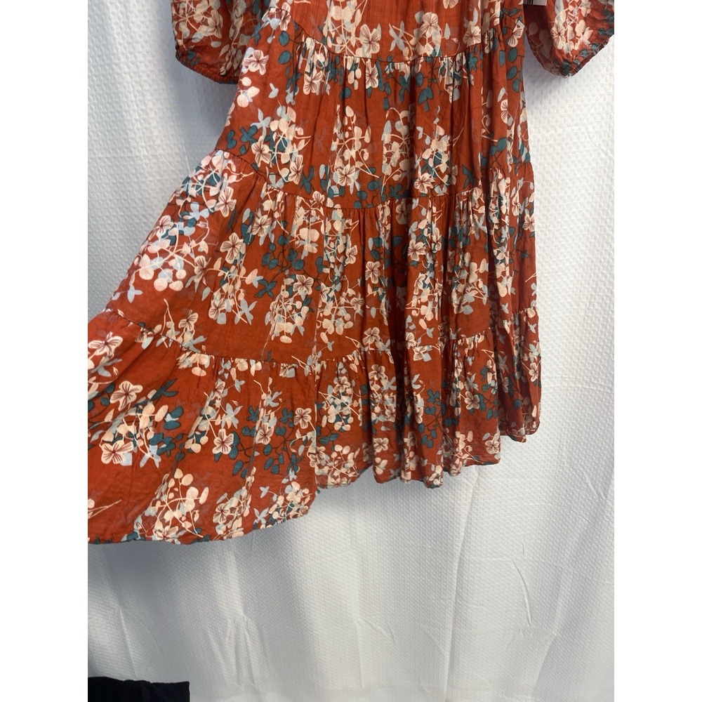 Bucket List Boho Floral Mini Dress Rust Orange Puff Sleeve Tiered Medium USA - Picture 6 of 6